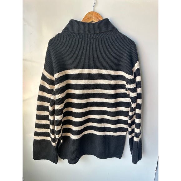 H & M Sweater Knit Wool Blend Striped Black/Cream Half Zip Pullover Oversized XS - Picture 7 of 8